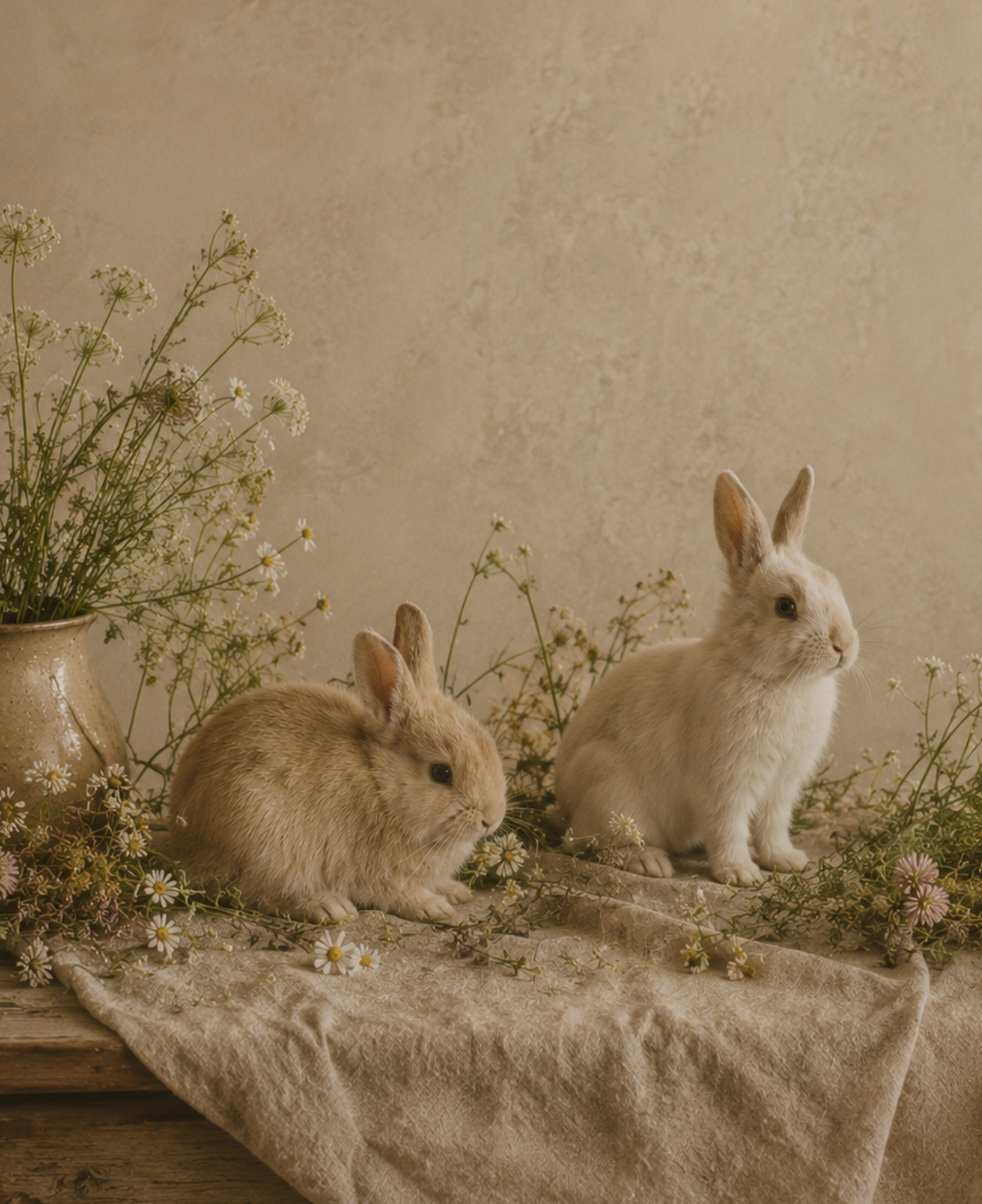Deux lapins posés sur un tissu de lin, près d'un bouquet séché