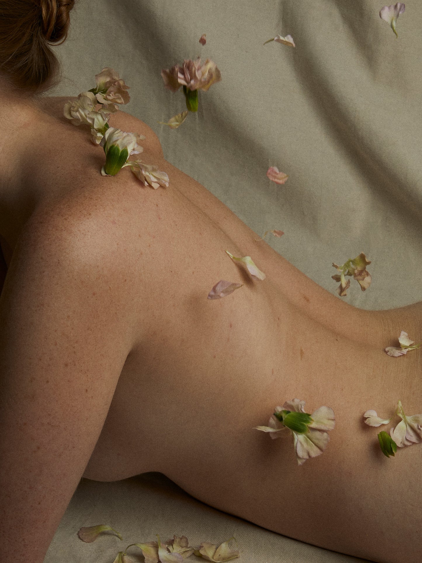 Dos et épaule d’une femme rousse à la peau tachée de son, parsemés de pétales de fleurs