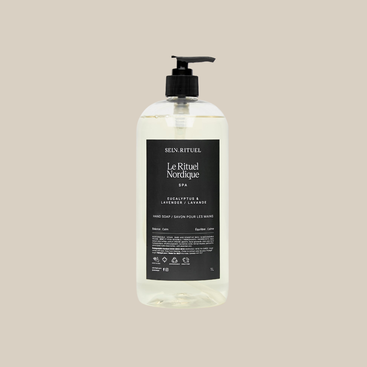 Recharge savon pour les mains Selv Rituel Nordique Relaxation profonde avec eucalyptus et lavande, bouteille de recharge écologique.