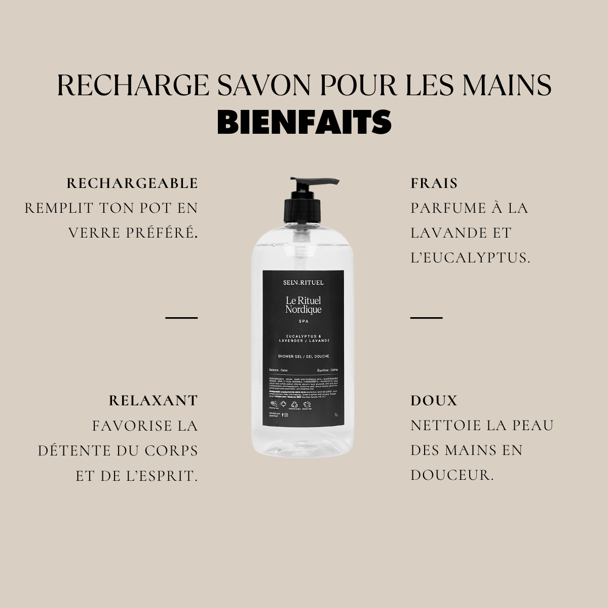 Recharge savon pour les mains Selv Rituel, parfum eucalyptus et lavande, bouteille de recharge pour savon mains.