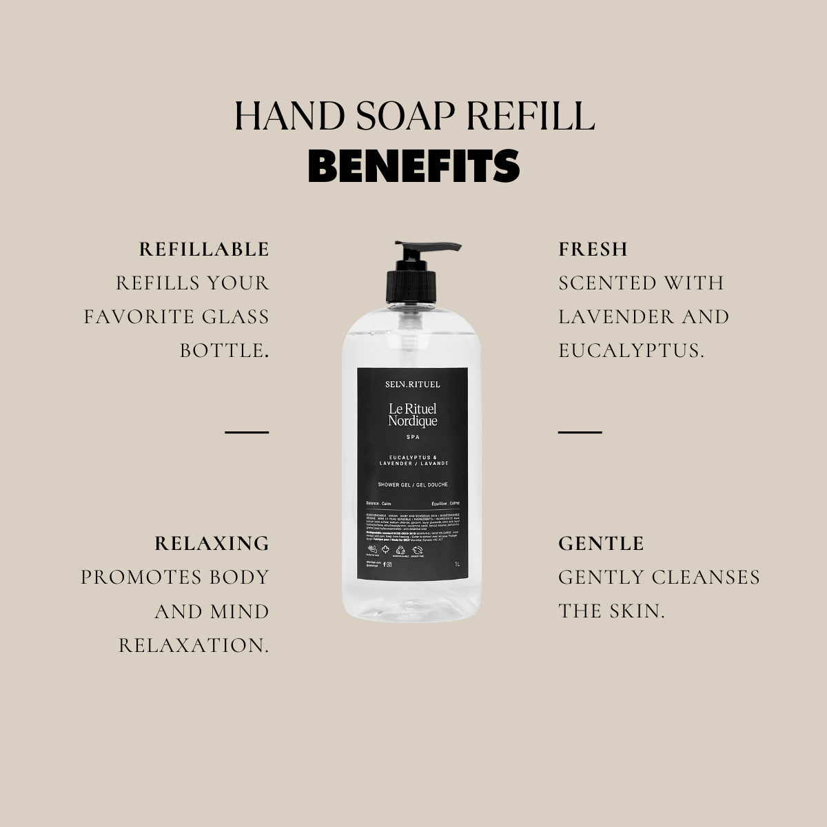 Recharge de savon pour les mains Selv Rituel Nordique Relaxation profonde avec eucalyptus et lavande, visible dans le flacon.