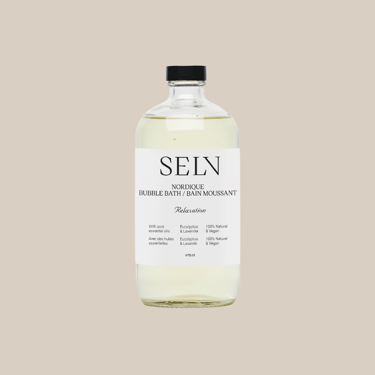 Flacon de bain moussant Selv Rituel Nordique en verre transparent avec bouchon noir, notes d'eucalyptus et de lavande, 475 ml