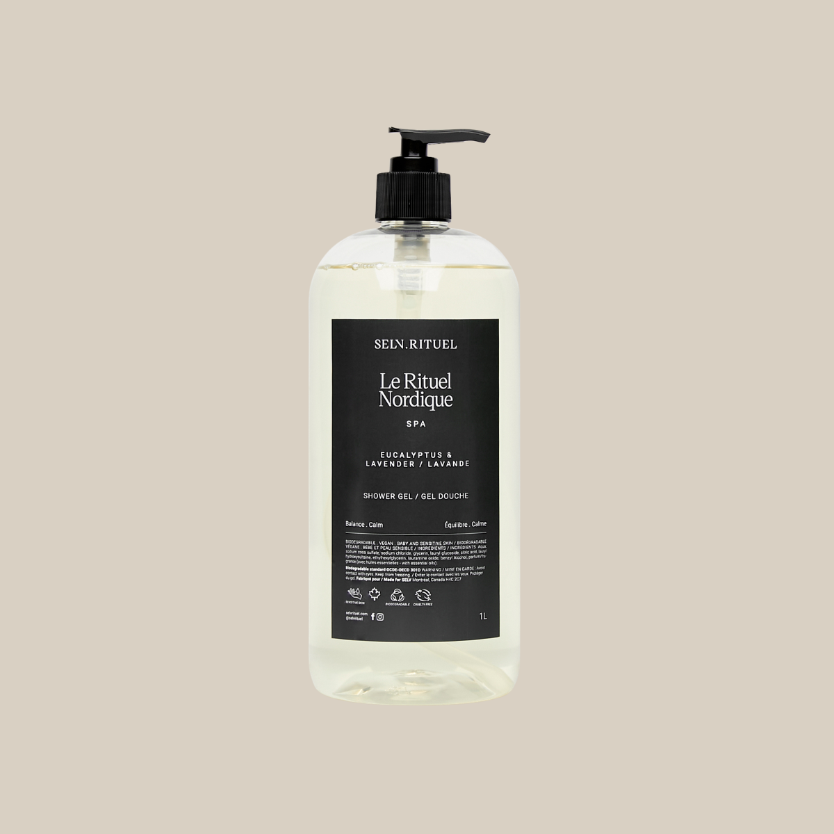 Recharge gel douche Selv Rituel NORDIQUE, flacon de recharge avec gel douche parfumé, pour une toilette rafraîchissante et naturelle.