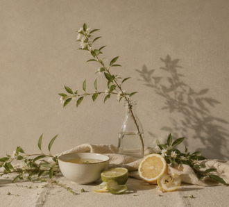 Branche de verveine dans une bouteille de verre, bol de thé, citron et lime sur un lin clair