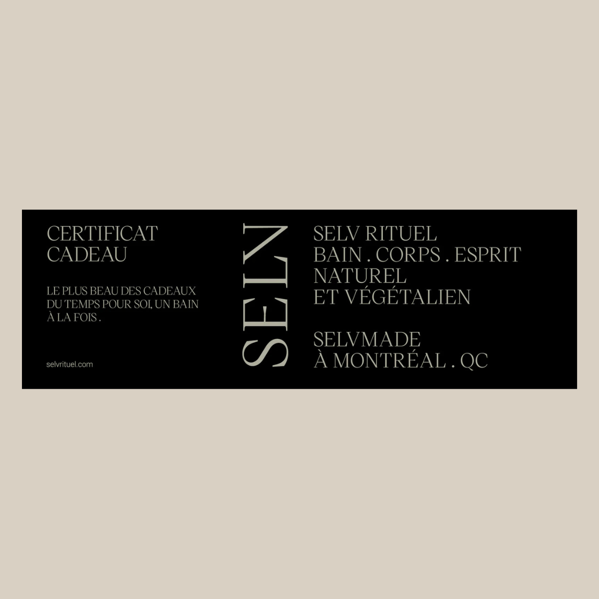 Carte-cadeau Selv Rituel Certificat-cadeau avec motifs élégants, format 2x3 pouces, design moderne et sophistiqué.
