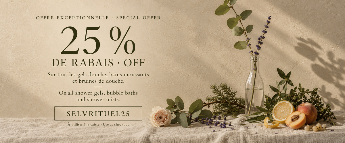 Offre exceptionnelle : 25 % de rabais sur tous les gels douche, bains moussants et bruines de douche avec le code SELVRITUEL25, à utiliser à la caisse