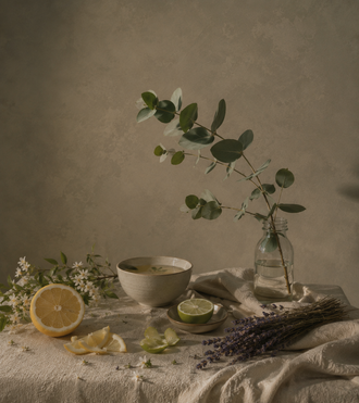 Branche d'eucalyptus, bol, citron et lime sur un lin clair