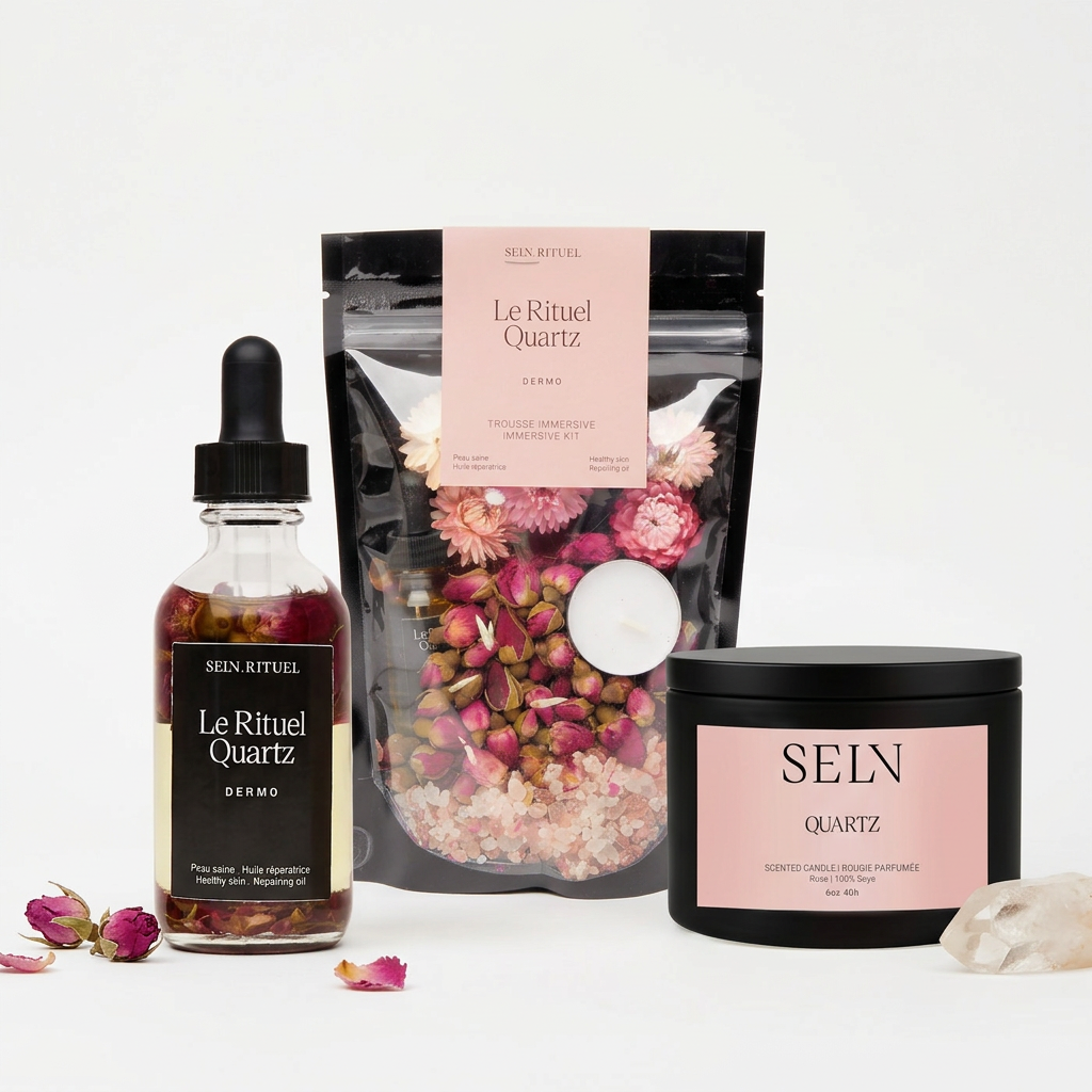 Trio Le Rituel Quartz de Selv Rituel : bougie, pierre de quartz et accessoires bien-être pour une ambiance zen.